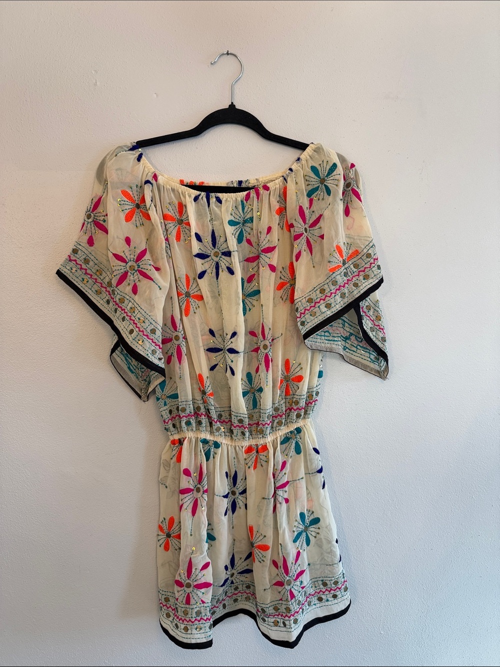Ivory Floral Embroidered Short Dress with Multicolor Accents